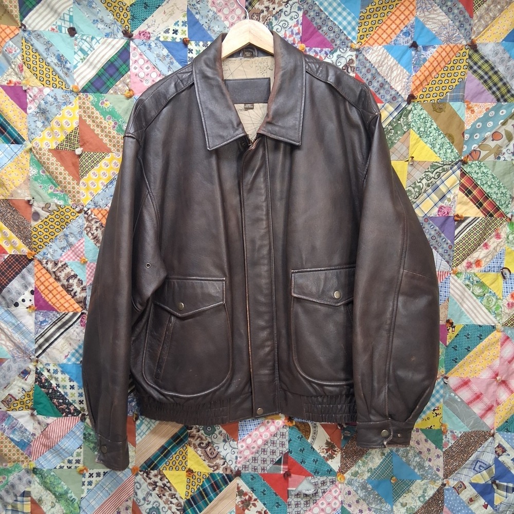 St. Johns Bay Brown Leather Bomber Jacket Size XL Aviator World Map‎ Lined Heavy